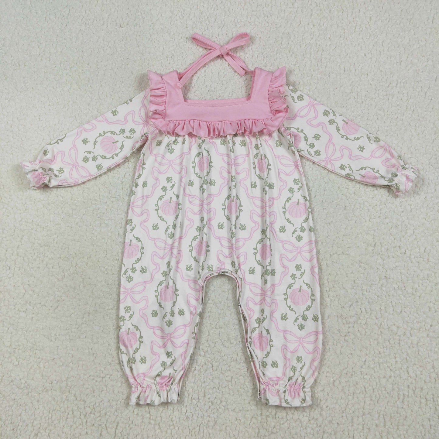 LR2255 Baby Girls Pink Pumpkin Bow Long Sleeve Romper