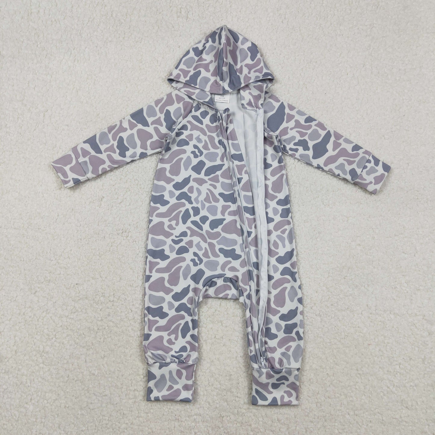 LR2813 Baby Boys Old School Camo Long Sleeve Zipper Hooded Romper