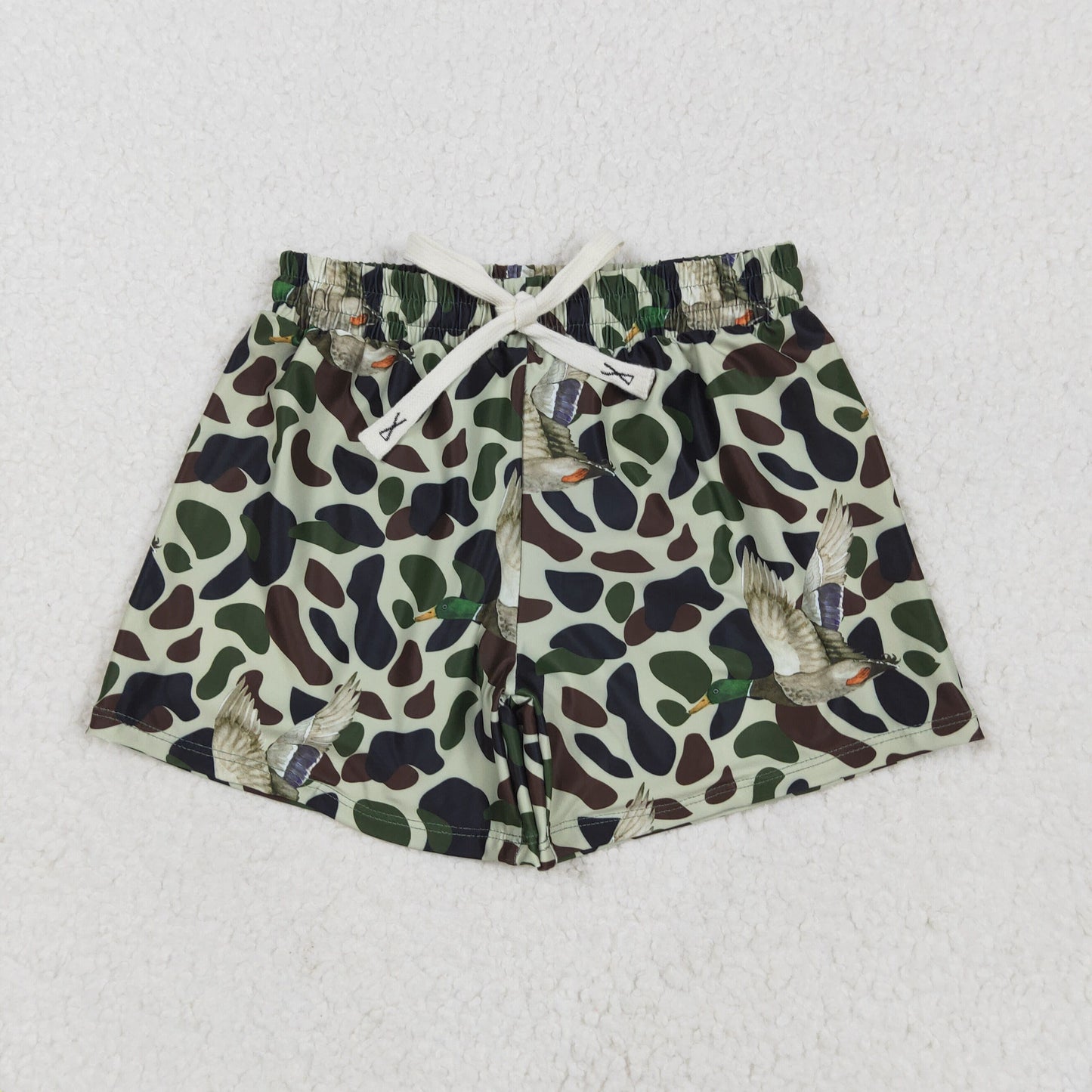 Kids Boys Dark Green Camo Ducks Print Swimming Trunks Summer Shorts