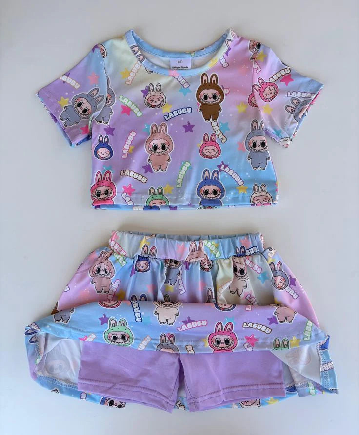 Preorder (moq 5)Baby Girls Colorful Rabbits Cartoon Top Skort Skirts Clothes Sets