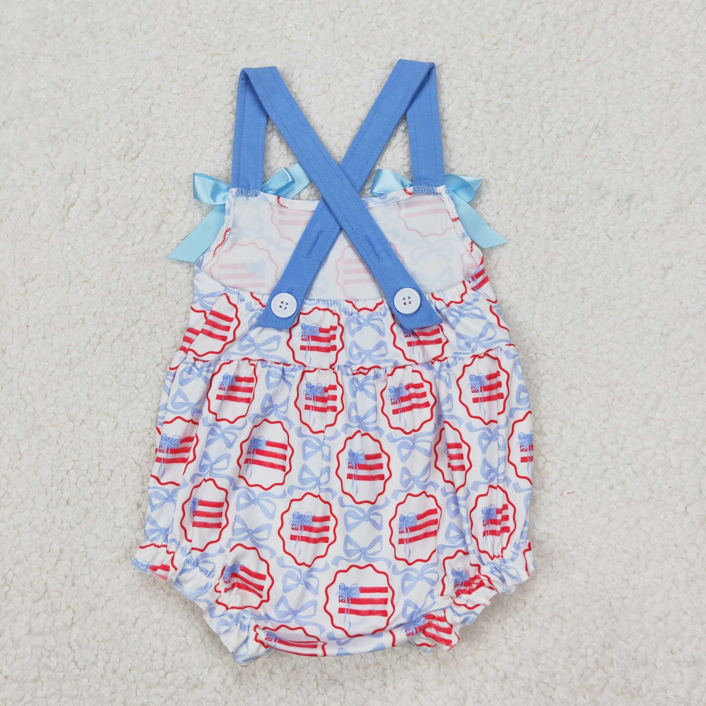 Baby Girls Blue Strap Bows Flags 4th Of July Rompers