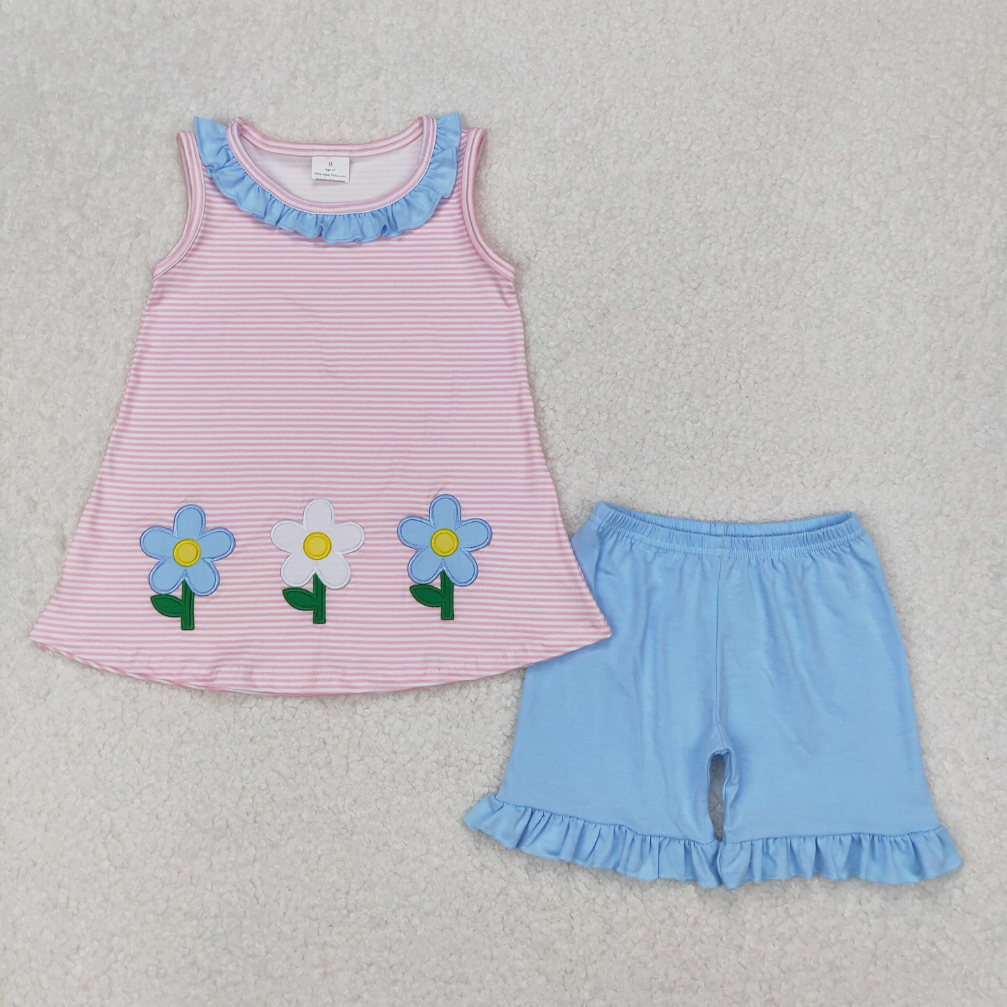Baby Girls Sleeveless Pink Stripe Embroidery Flowers Tunic Blue Ruffle Set