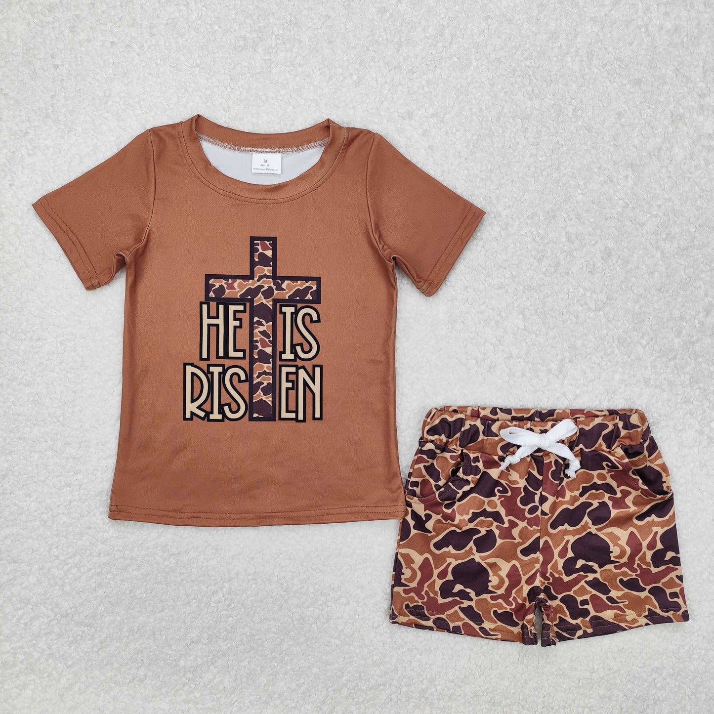 Baby Boys Easter Brown Cross Top Camo Pockets Shorts Set
