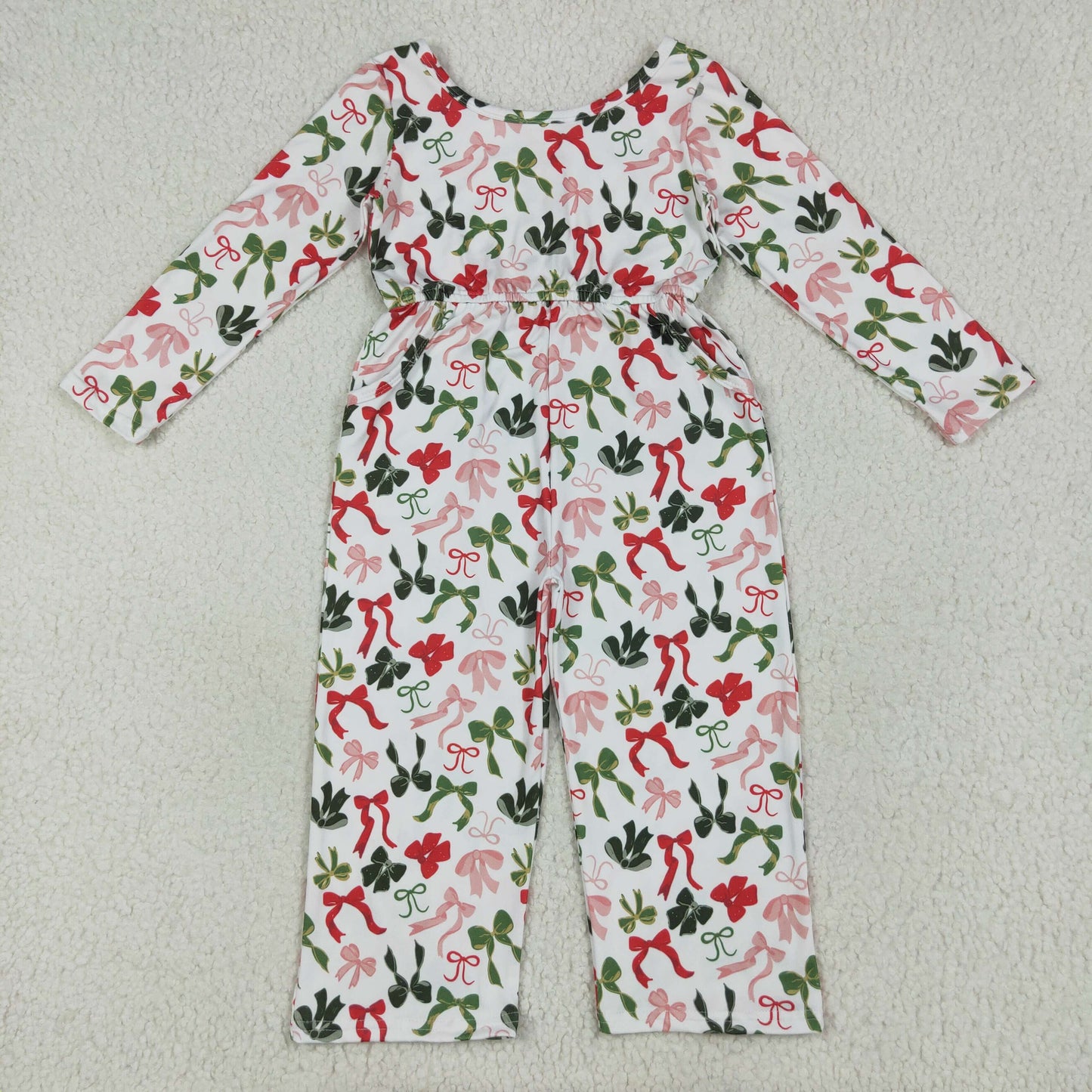 Kids Girls Red Green Bow Long Sleeve Jumpsuit