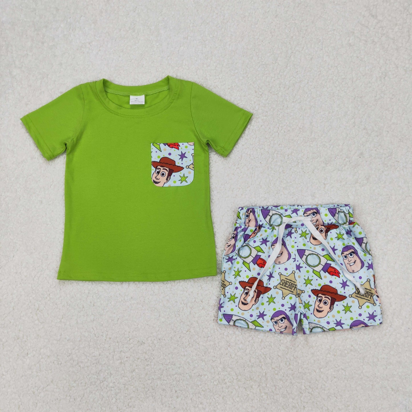 Baby Boys Green Short Sleeves Pocket Top Cartoon Men Stars Short Set