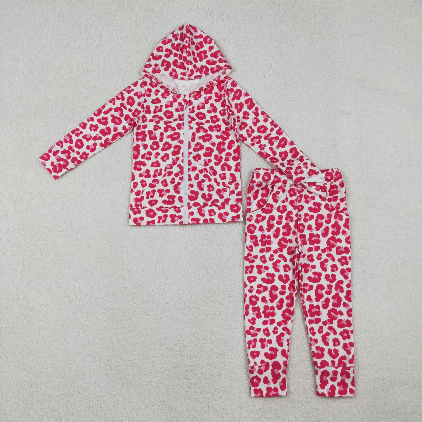 GLP2790 Kids Girls Hot Pink Leopard Hoodie Top With Pants Set