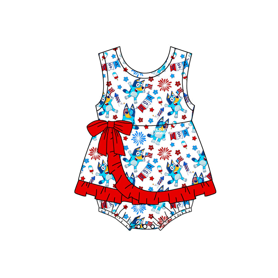 Kids Girls July 4th Cartoon Blue Dog Romper 3 MOQ Pre-order