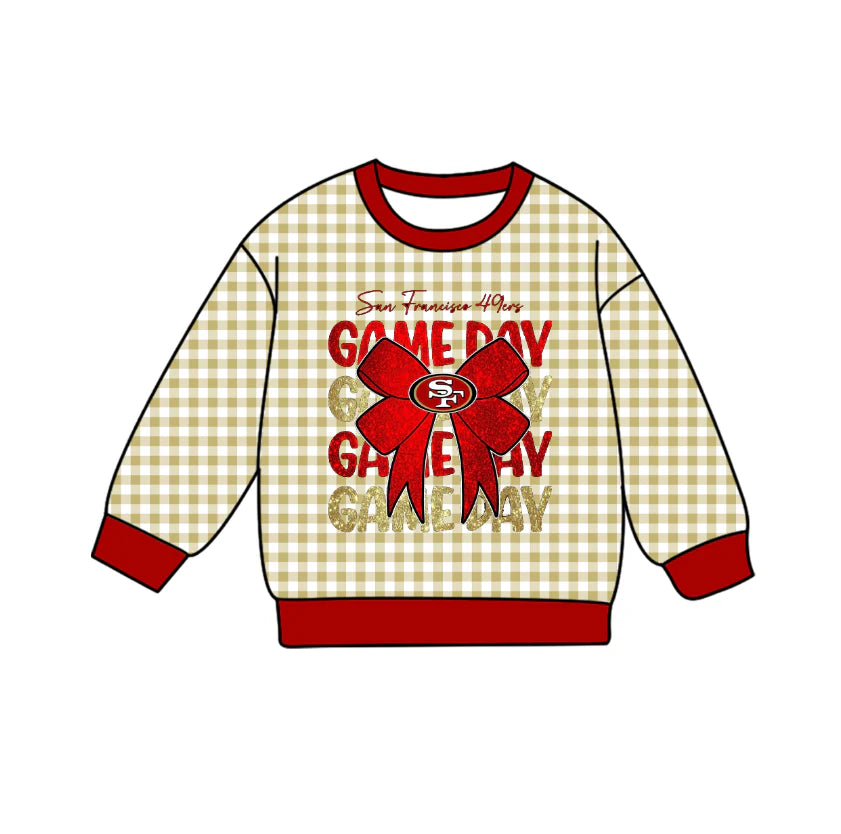 Preorder , 5 MOQ Baby Girls Sport Team Red Blue Bow Yellow Gingham Long Sleeve Top