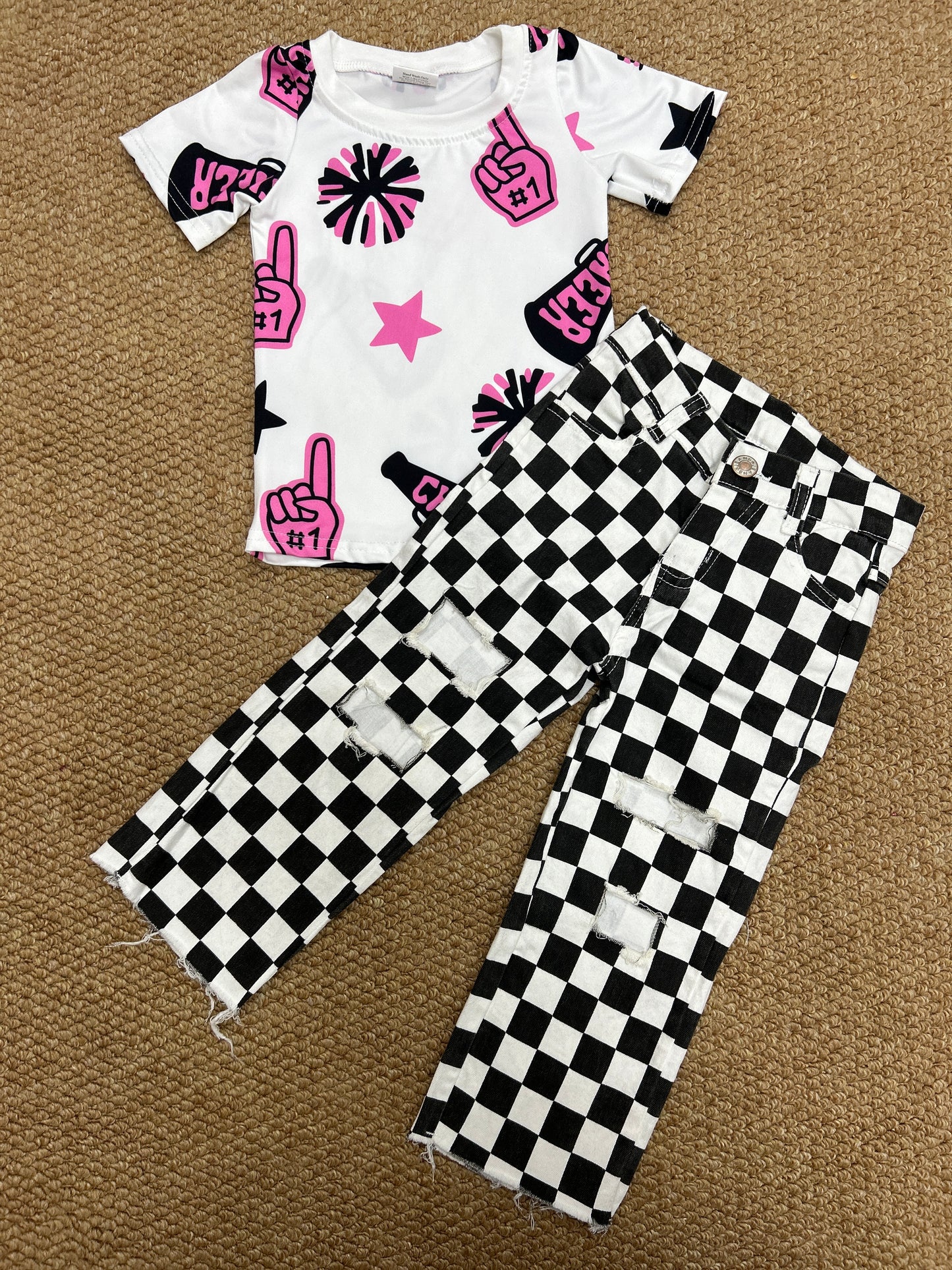 Baby Girls Pink Sport Cheer Top With Black Checkec Jeans set