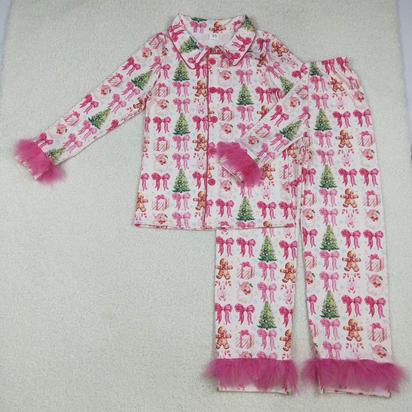 GLP2717 Adult Women Christmas Gingerbread Bow Buttons Pajama Set With Fur