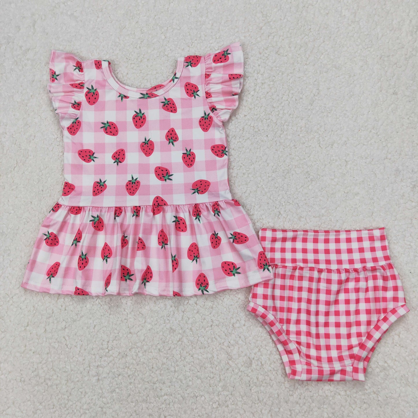 Baby Girls Strawberry Pink Gingham Bummie Set