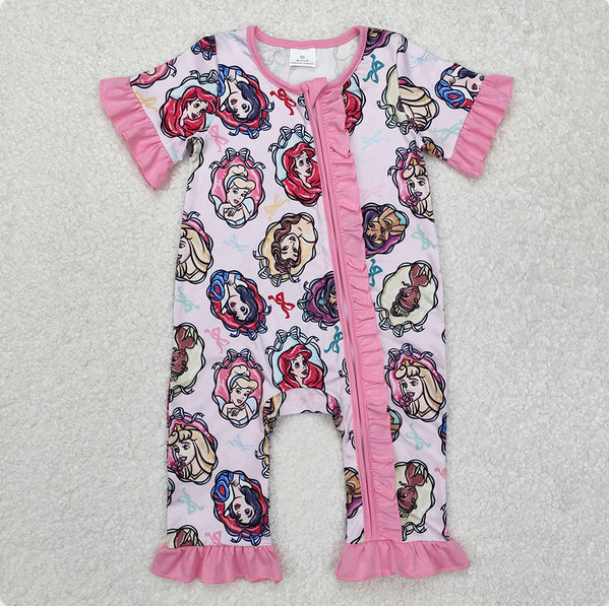 Baby Girls Pink Short Ruffle Sleeves Princess Zipper Romper