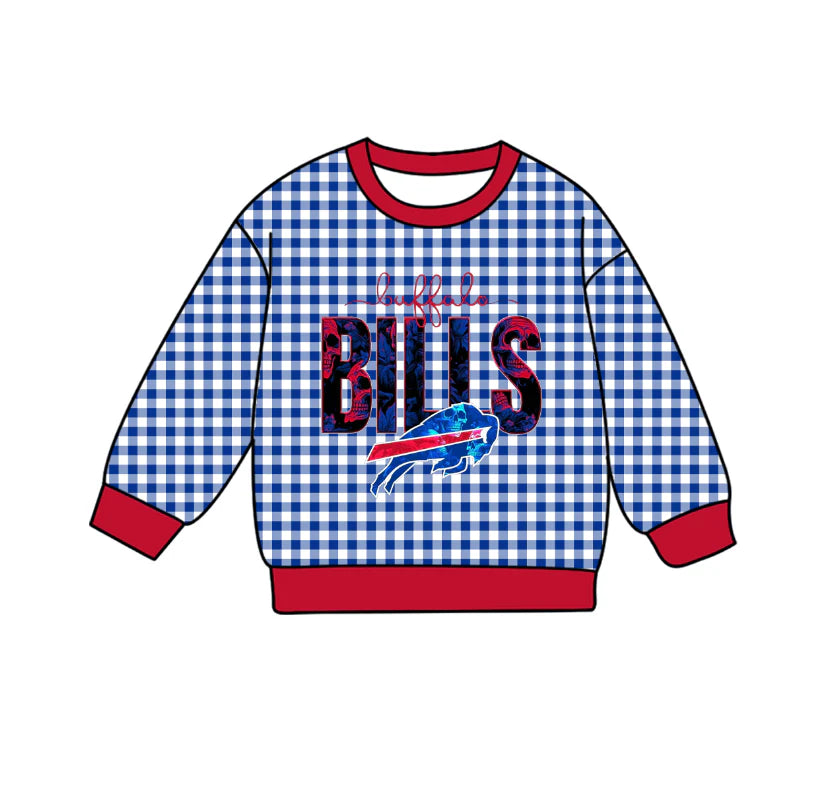 Preorder , 5 MOQ Baby Girls Sport Team Bills Blue GIngham Long Sleeve Top