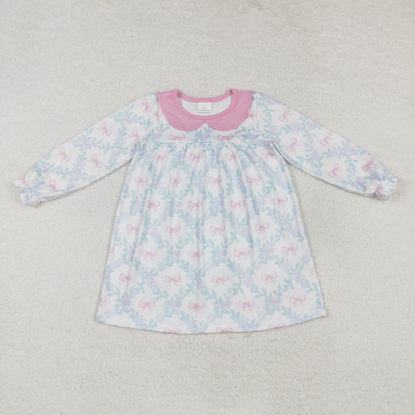 Baby Girls Flower Pink Bow Long Sleeve Dress