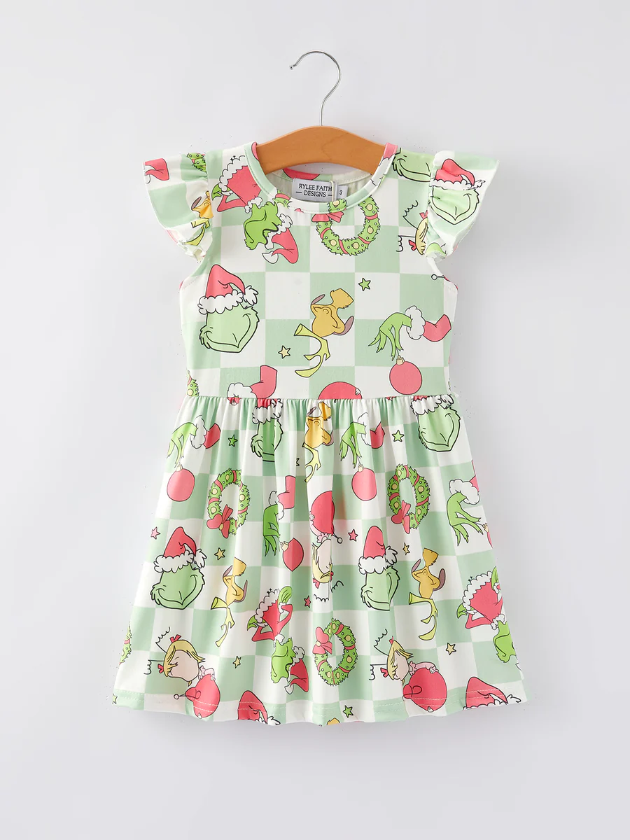 Baby Girls Christmas Green Face Checker Dress Preorder 5 MOQ