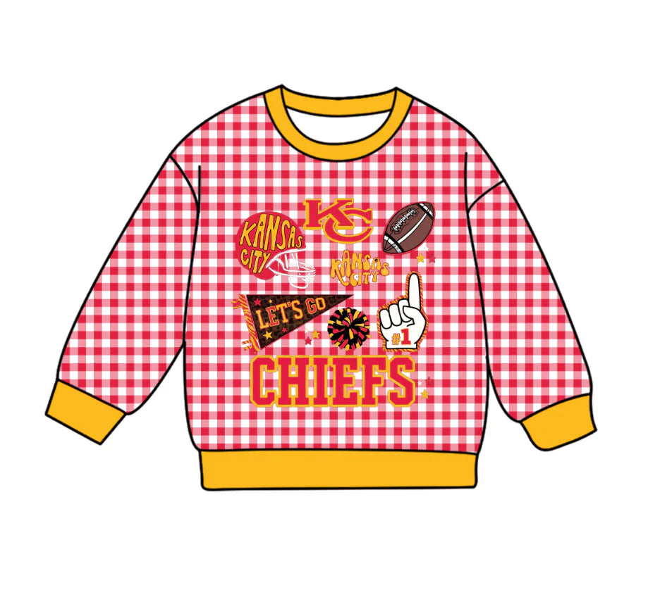 Preorder , 5 MOQ Baby Girls Sport Team KC Red GIngham Long Sleeve Top