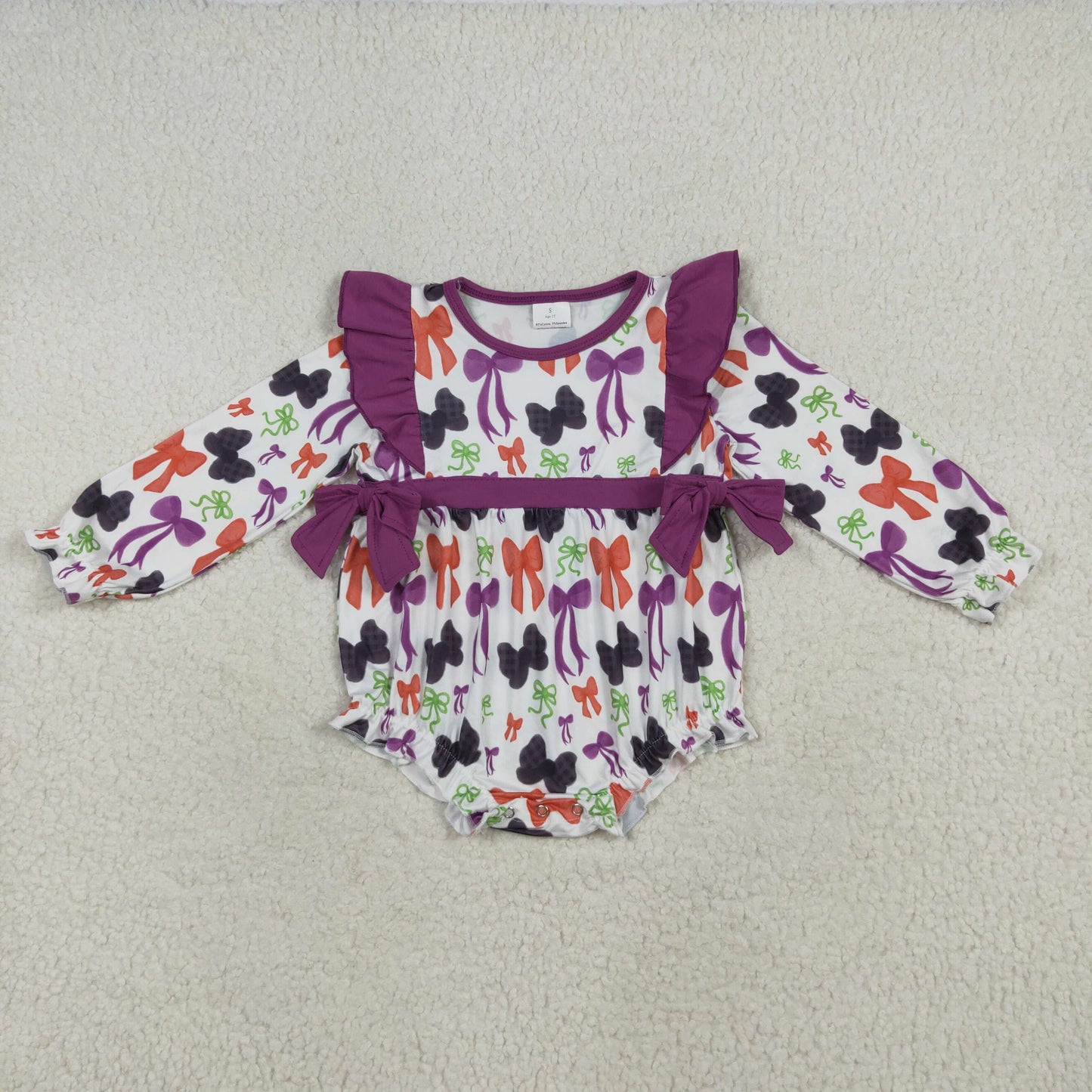 LR2285 Baby Girls Halloween Purple Bow Long Sleeve Bubble Romper