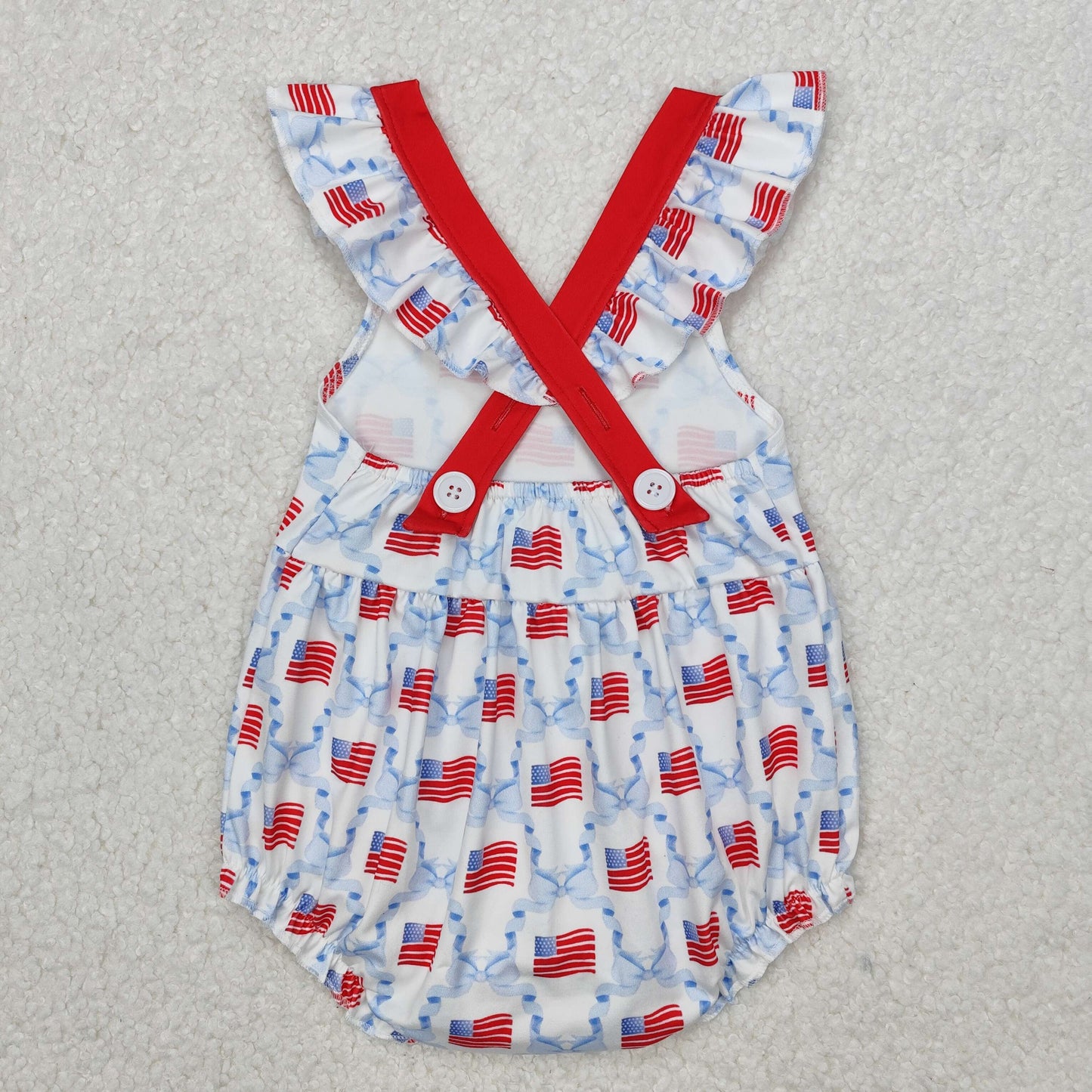 Baby Girls Red Flutter Sleeves Pockets Flags Bows Plaid 4th Of July Rompers