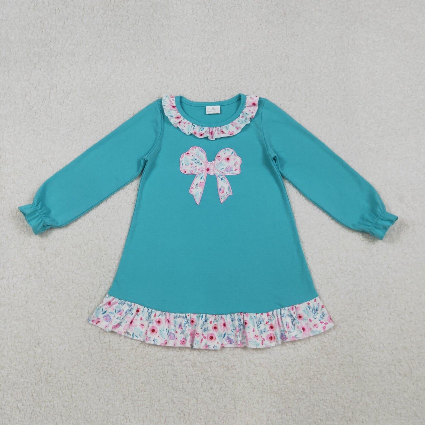 Kids Girls Floral Bow Blue Long Sleeve Dress