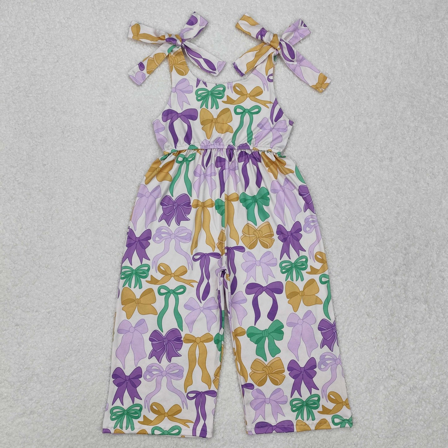 Baby Girls Straps Purple Yellow Green Bows Mardi Gras Jumpsuits