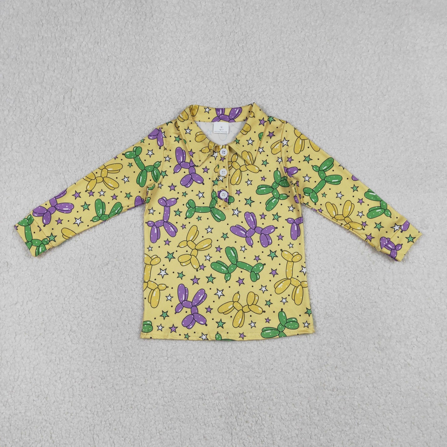 BT1388 Baby Boys Mardi Gras Ballon In Yellow Button Shirt Top