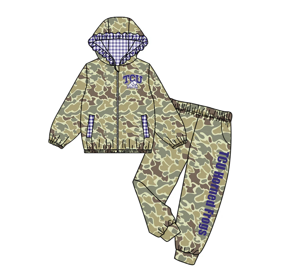 Preorder , 5 MOQ Baby Girls Sport Team TCU camo Jogger Set