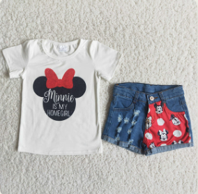 Baby Girls White Short Sleeves Cartoon Mouse Is My Home Top Denim Shorts Set