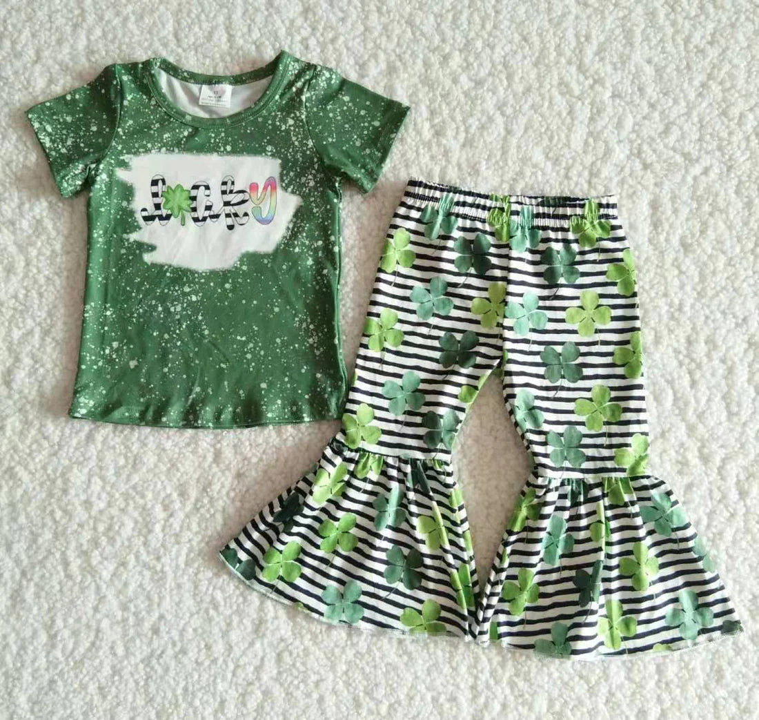 Baby Girls St. Patrick's Day Lucky Top Striped Bell Bottom Pants Outfit