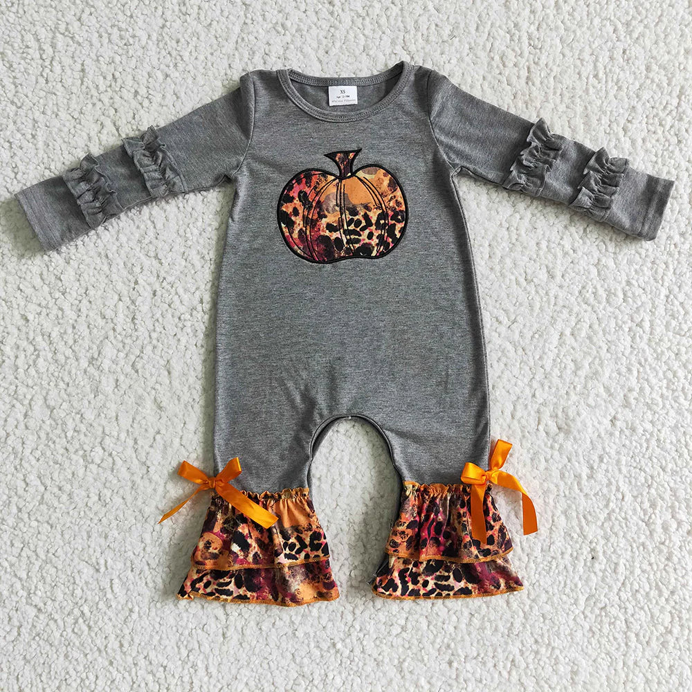 LR0139 USA Shop Baby girls grey pumpkin fall ruffle rompers