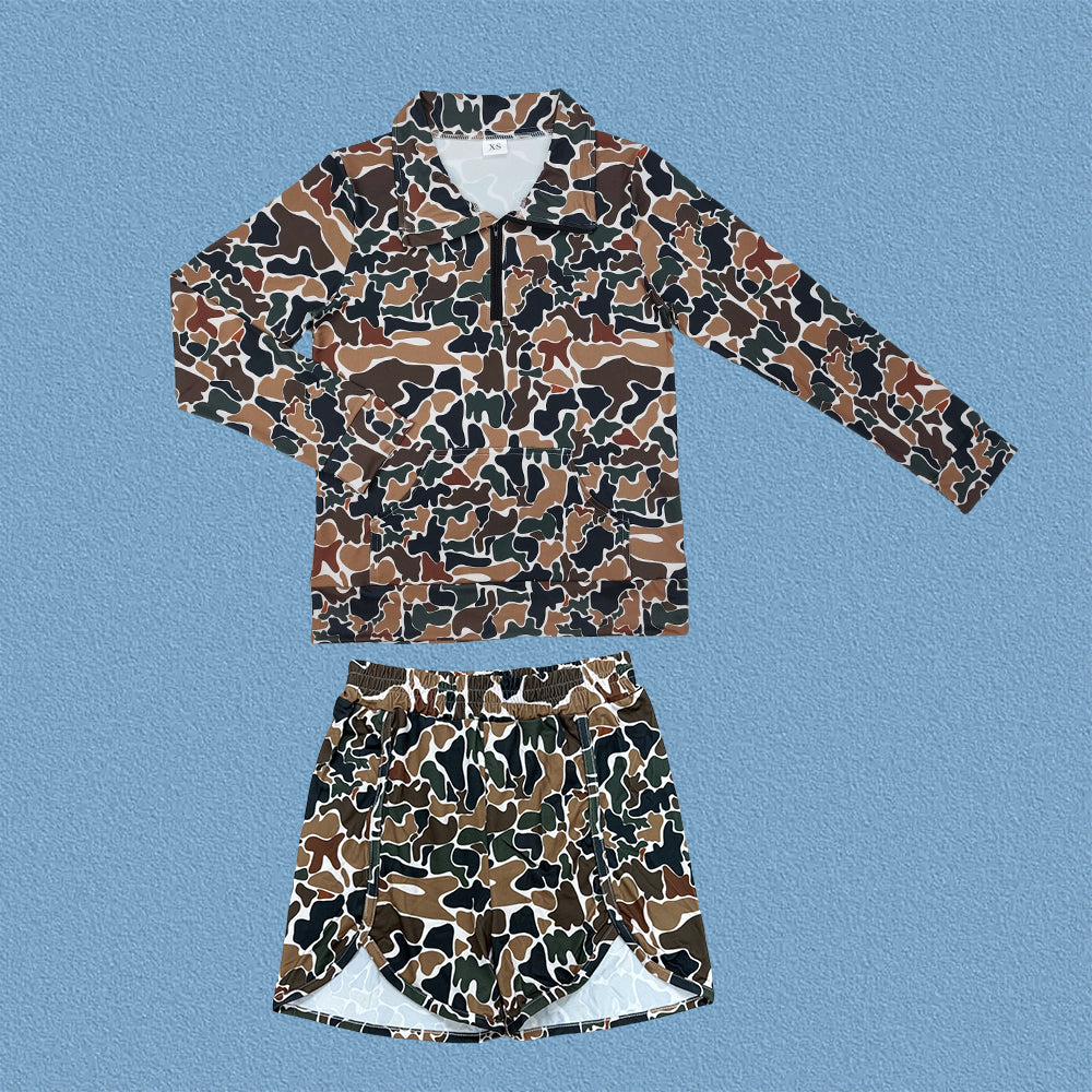 Adult Women Hunitng Camo Long Sleeve Zipper Pullover Top With Shorts Outfit