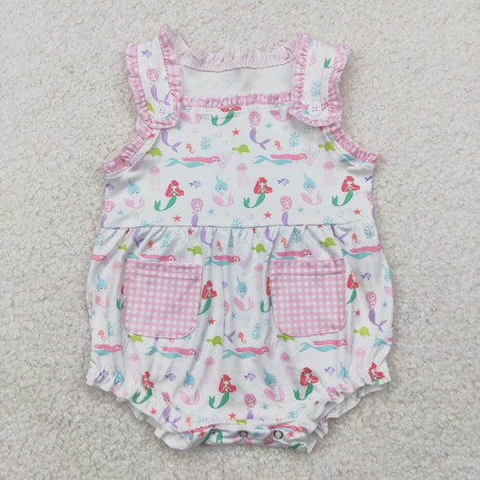 Baby Girls Pink Plaid Ruffle Sleeveless Sea World Pockets Rompers