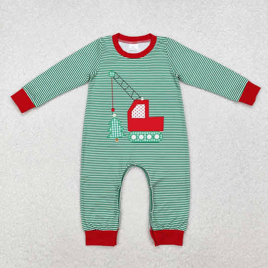 Newborn Baby Boys Christmas Tree Truck Green Striped Romper