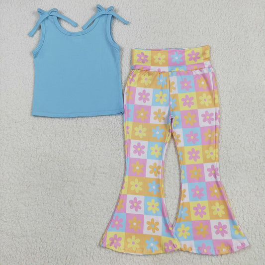 Baby Girls Blue Tank Top Flowers Bell Pants Outfit