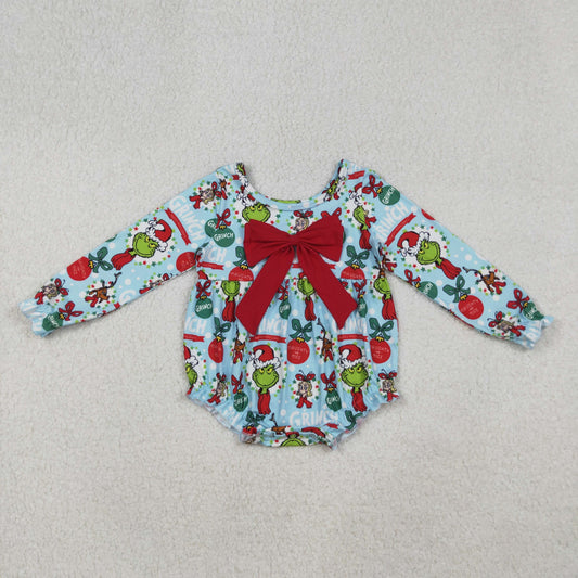 LR2575 Baby Girls Christmas Grinc Long Sleeve Romper With Bow