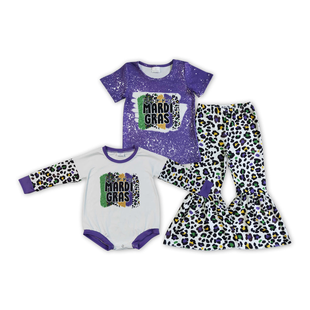 Sibling Baby Girls Purple Leopard Mardi Gras Set And Rompers