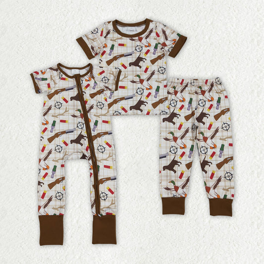 Sibling Baby Boys  Hunting Duck Short Sleeve Pajama Set and Zipper Romper