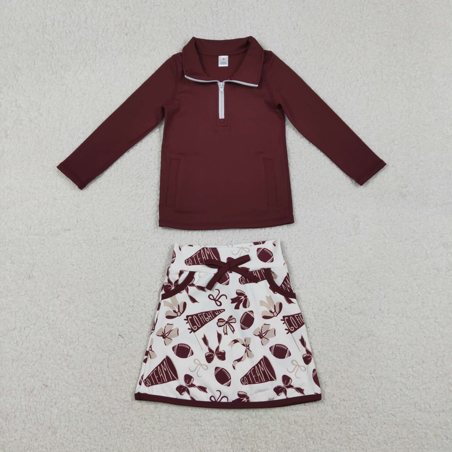 GLD1384 Kids Girls Dark Red Pullover Football Active Skort Set