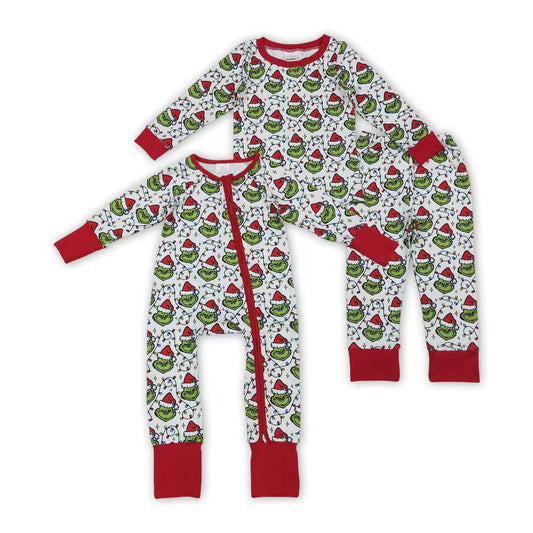 Sibling Baby Boys Christmas Green Face Long Slece Pajama Set/Romper