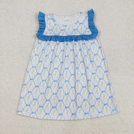 Baby Girls Blue Ruffle Sleeveless Bows Plaid Floral Valentines Dresses