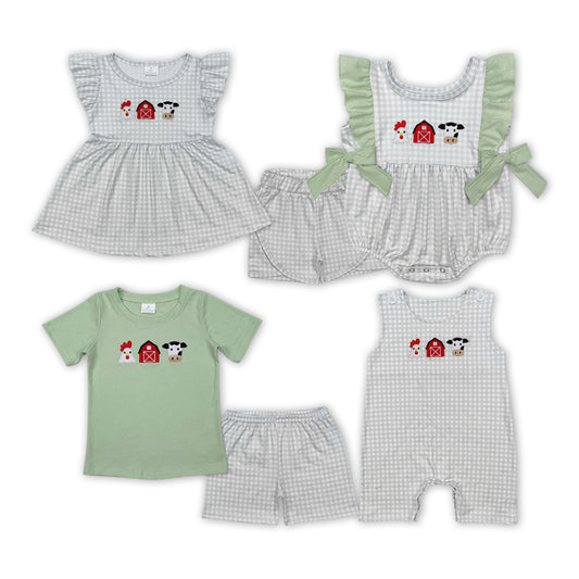 Sibling Baby Kids Embroidery Chicken Cow Farm Clothes Set