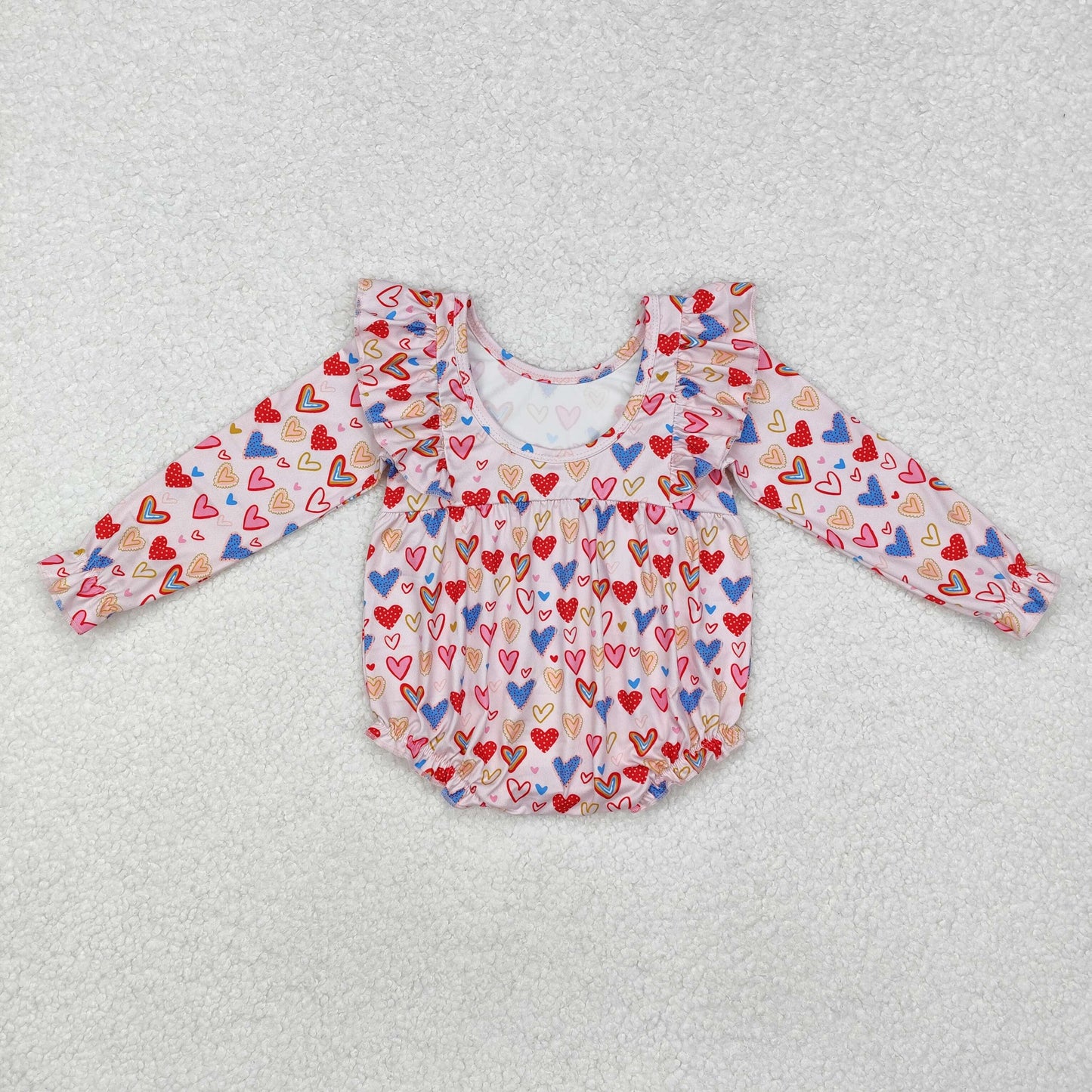 Baby Girls Valentines Pink Long Ruffle Sleeves Hearts Print Rompers