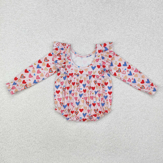 Baby Girls Valentines Pink Long Ruffle Sleeves Hearts Print Rompers