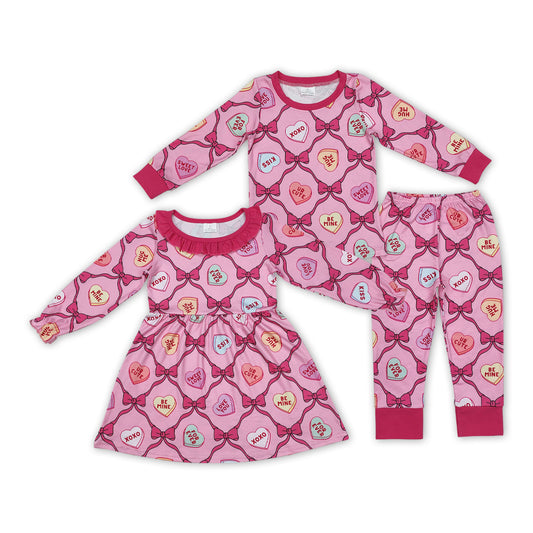 Sibling Baby Girls Long Sleeves Hot Pink Hearts Bow Plaid Print Valentines Dresses And Sets