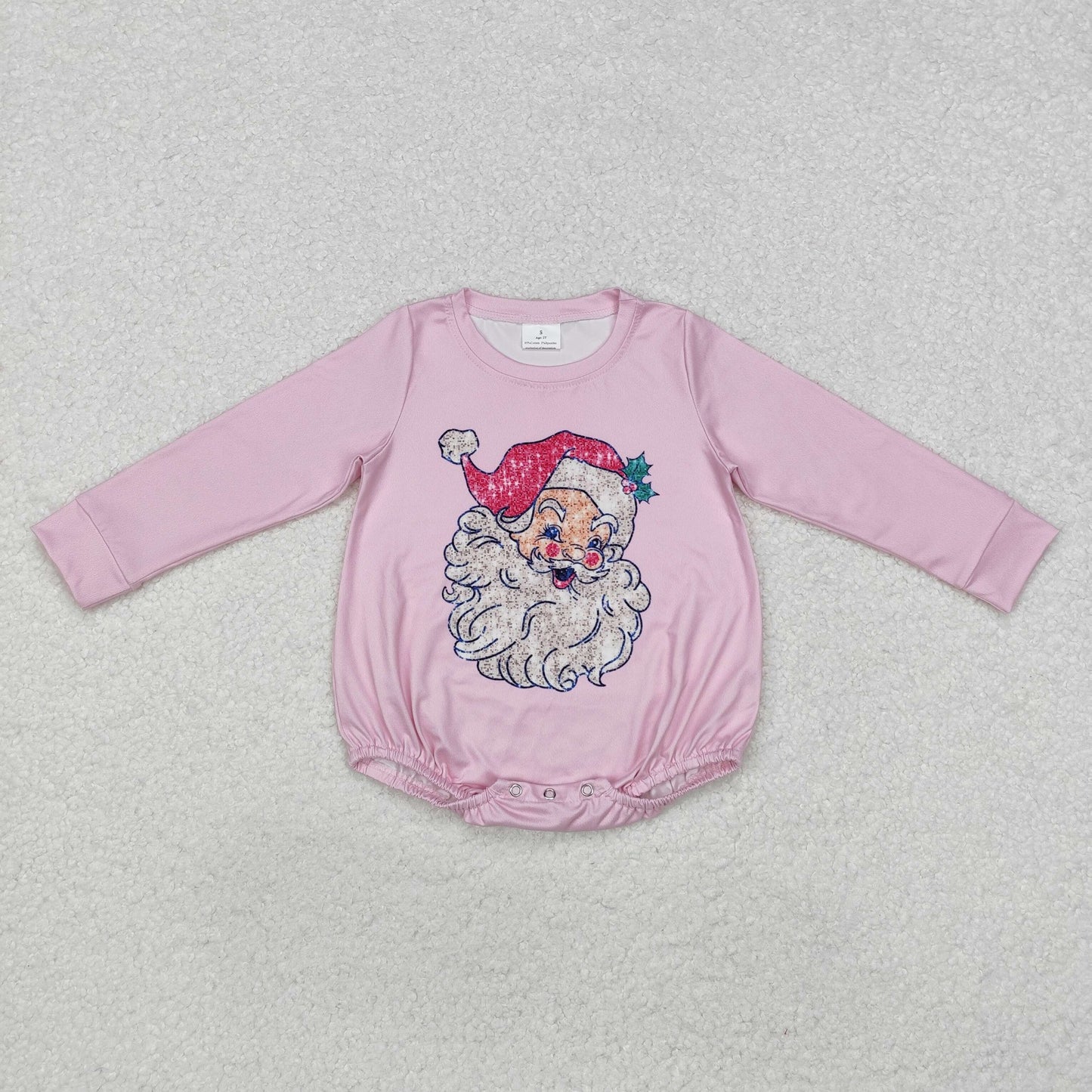 LR1819 Newboorn Baby Girls Christmas Santa Pink Long Sleeve Bubble Romper