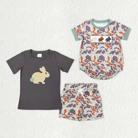 Sibling Baby Boys Embroidery Rabbits Camo Pockets Shorts Easter Clothes Sets Romper