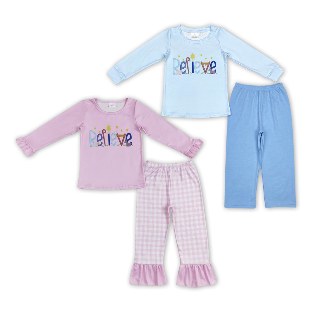 Baby Sibling Girls Boys Chrismtas Believe Blue Pants Outfit