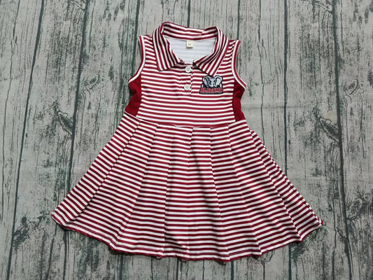 Preorder  5 MOQ, Baby Girls Sleeveless Red Stripe Button Alabama Team Knee Length Dresses