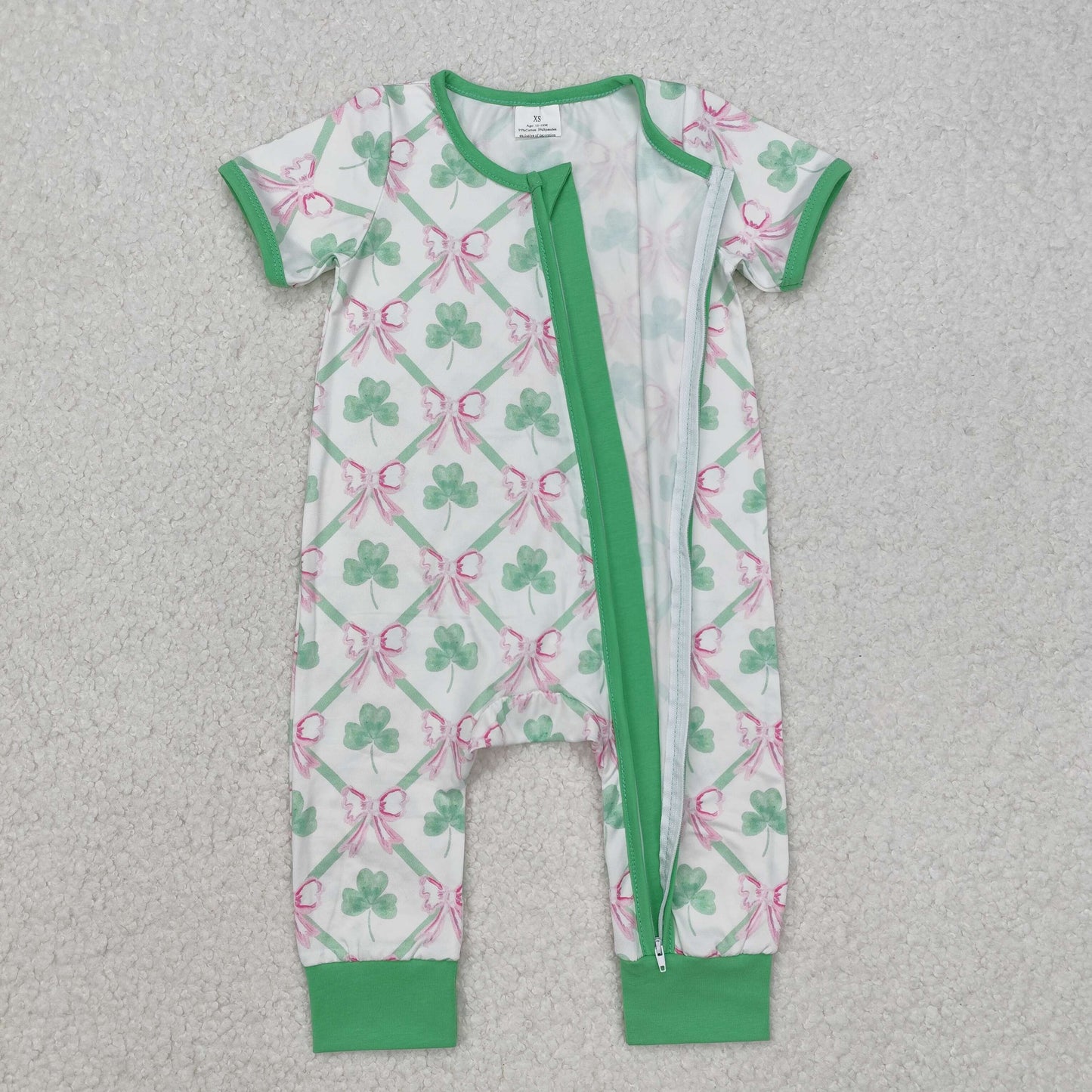 Baby Boys Short Sleeves Bows Plaid Clovers Zipper St Patrick Romper