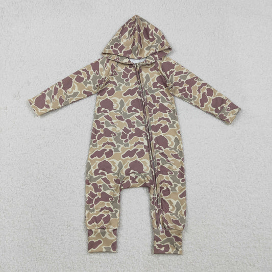 LR2812 Baby Boys  Green Camo Long Sleeve Zipper Hooded Romper