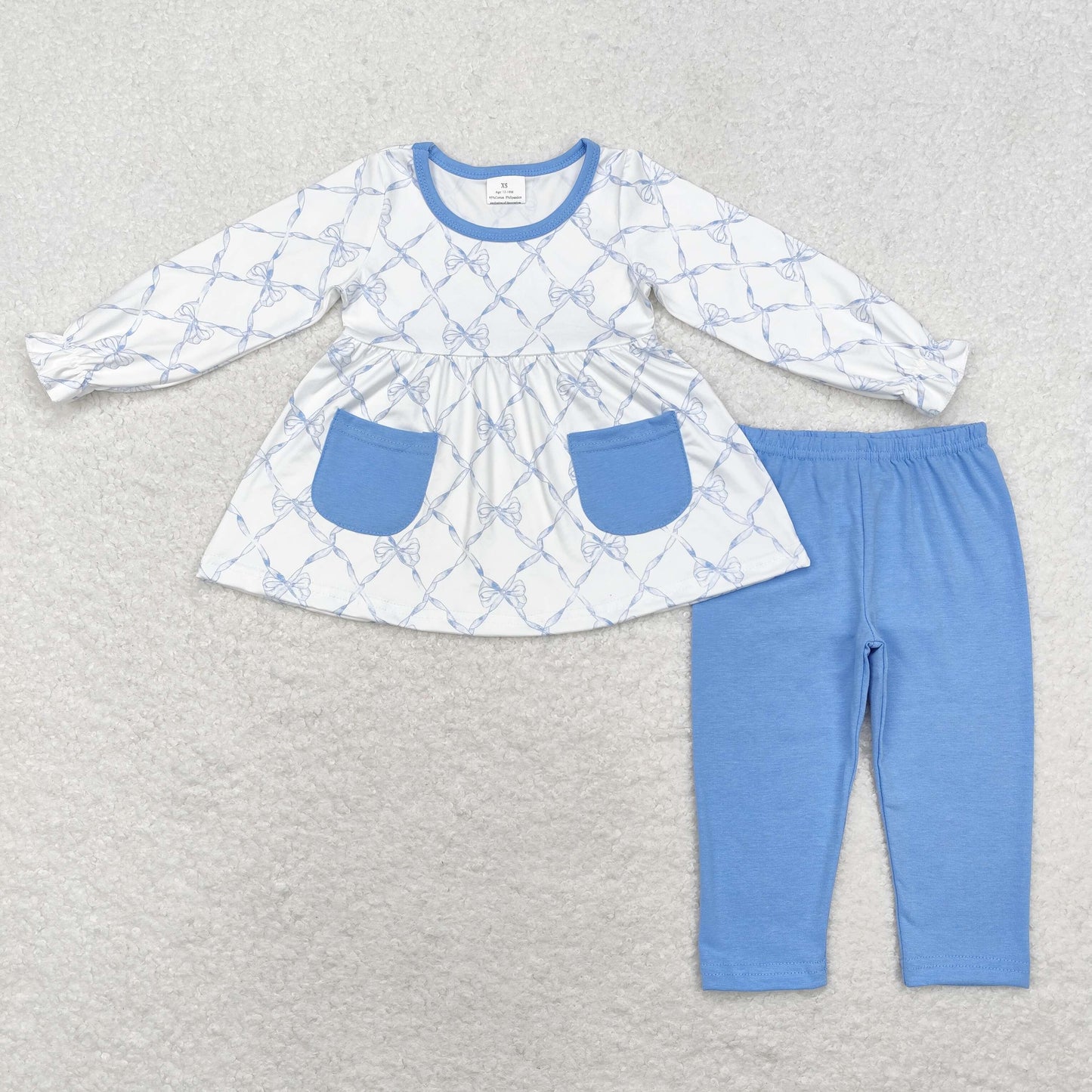 Baby Girls Blue Bow Print Tunic Top Pants Outfit